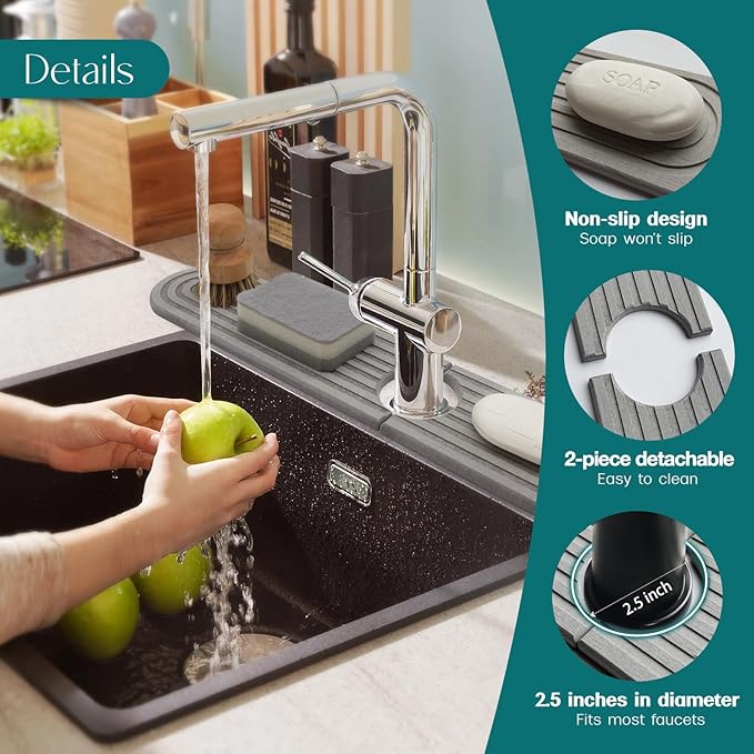 Faucet Mat for Kitchen Sink - Diatomaceous Earth Faucet Splash Guard, Fast Drying Sink Protector - Water Absorbing Stone for Bathroom Sink (Grey, 20'' x 3.9'')