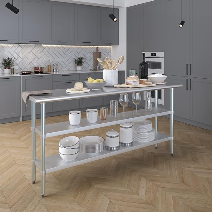 AmGood Stainless Steel Work Table with 2 Shelves | NSF | Metal Utility Table (72" Long x 18" Deep)