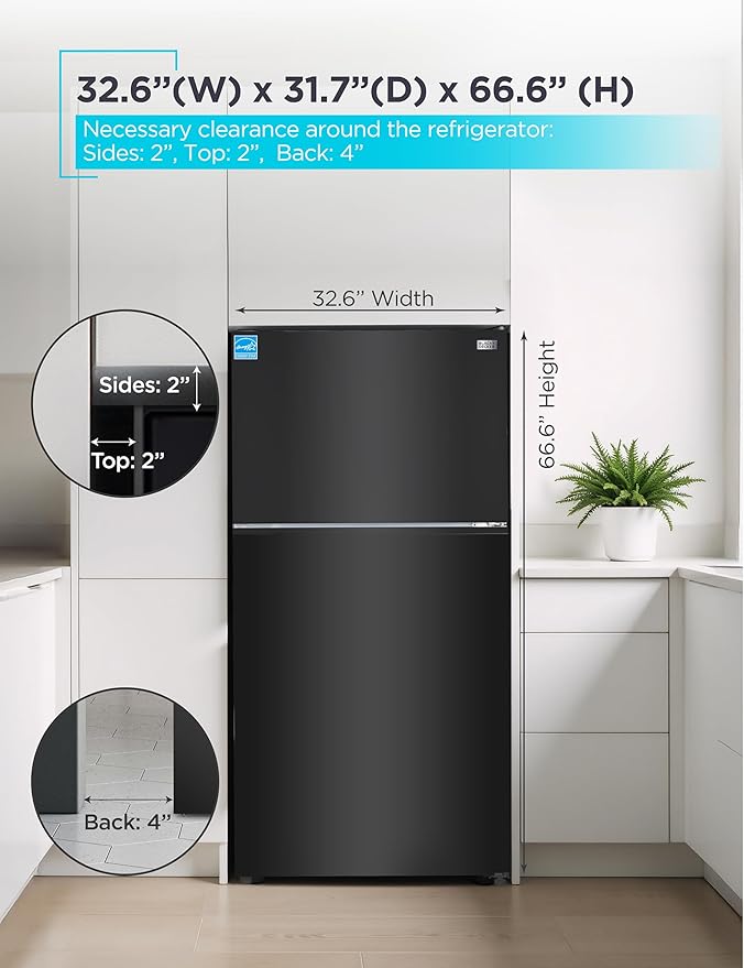 BLACK+DECKER 24 Cu. Ft. Top Mount Refrigerator with Freezer, 2 Door Refrigerator with Top Freezer and Adjustable Temperature Control, Full Size Kitchen, ENERGY STAR, BR2400JB, Black