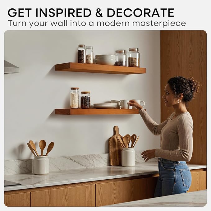 Homeforia Oak Floating Shelves 36 inches Long, High End Solid Real Wood 36 inch Floating Shelf for Room Wall, Honey Oak Wooden 36inch Kitchen Shelves, Heavy Duty Bracket, 36 X 6.5 X 1.75 in, Set of 2
