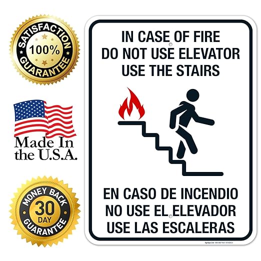 in Case of Fire Do Not Use Elevator Use The Stairs Bilingual Sign, Fire Safety Sign, 18x24 Inches, 55 mil Thick HDPE (high Density polyethylene), Made in USA