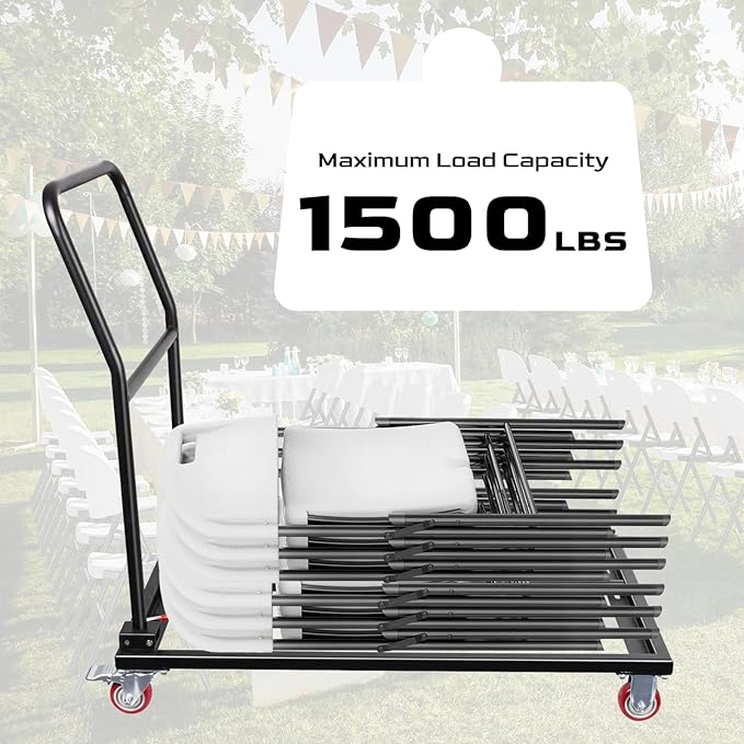 Folding Chair Dolly Cart for 25 Chairs, L-Shape Flat Stacking Chair Cart with 4 Casters, Heavy-Duty Foldable Chairs Rack, 1500lbs Capacity, for Resin, Wood, Plastic Chairs, Black