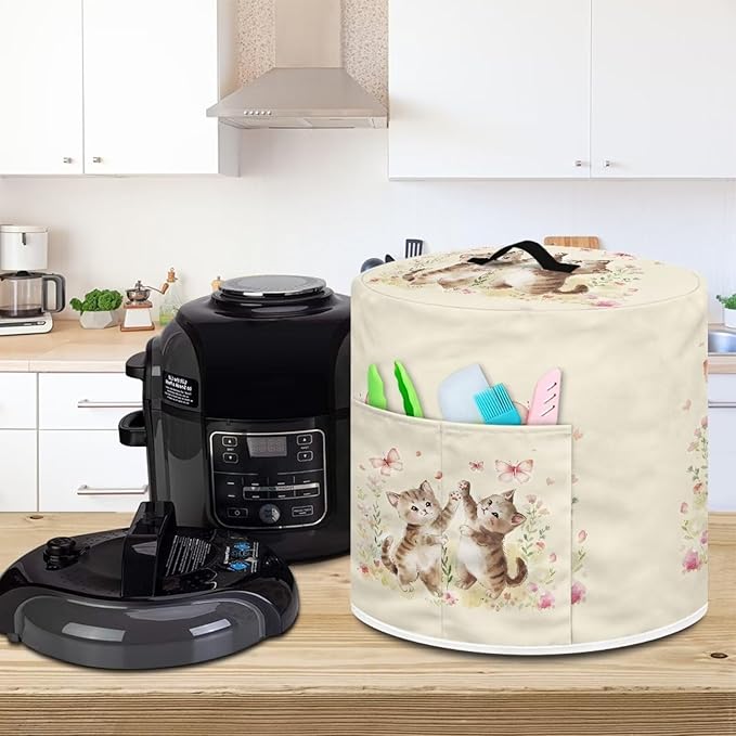 Xoenoiee Cute Cat Butterfly Floral Print Pressure Cooker Cover Kitchen Appliance Dust Cover with Pockets for Rice Cooker Air Fryer Slow Cooker, for 6 Qt Pot