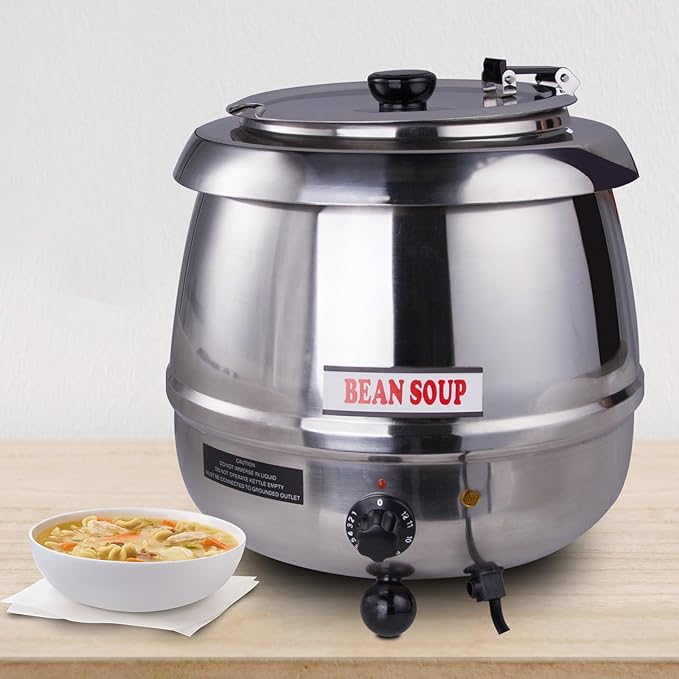 11Qt Commercial Soup Warmer, 400W Buffet Food Warmer Soup Kettle with Hinged Lid & Detachable Pot, Temperature Control (105-195°F) for Soups, Chili, Stew, Nacho Cheese - Silver