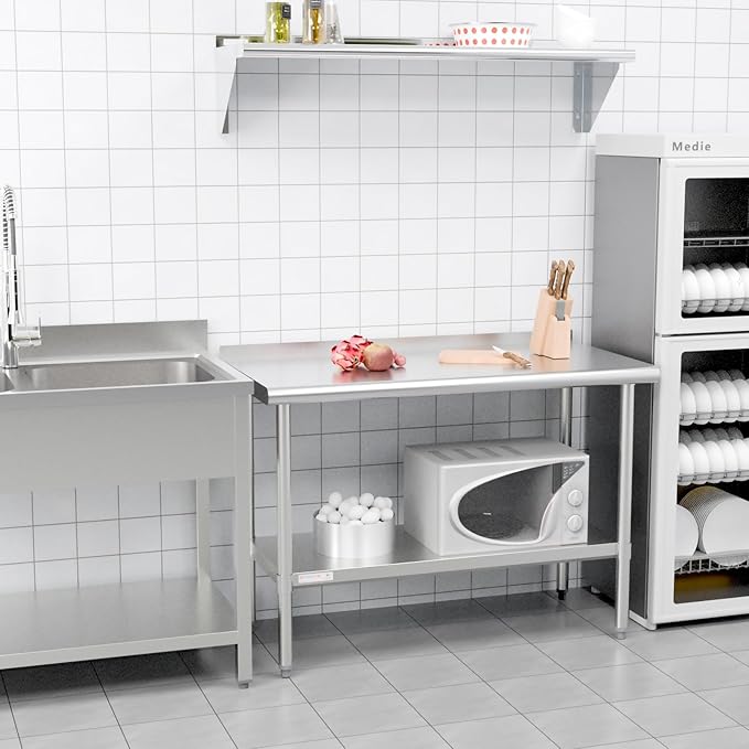 STABLEINK NSF Stainless Steel Prep & Work Table 24 x 48 Inches 4ft Heavy Duty Metal Table with Backsplash and Undershelf for Commercial Kitchen, Restaurant, Hotel, Laundry and Garage