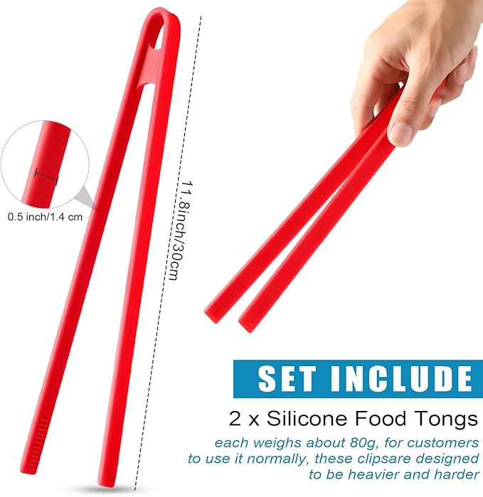 Patelai 2 Pcs 11.8 Inch Silicone Tongs for Cooking Silicone Tweezer Trivet Toaster Tongs Long Heat Resistant Kitchen Grilling Serving Utensils for Food BBQ, Pan Fried Steak, Salad(Black, Red)