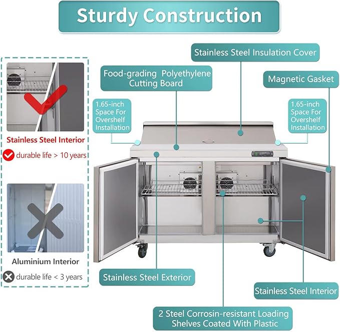 WESTLAKE 48" W 2 Door Refrigerator Sandwich&Salad Prep Table Commercial Stainless Steel Counter Fan Cooling Refrigerator with 12 pans-48 Inches for Restaurant, Bar, Shop, etc