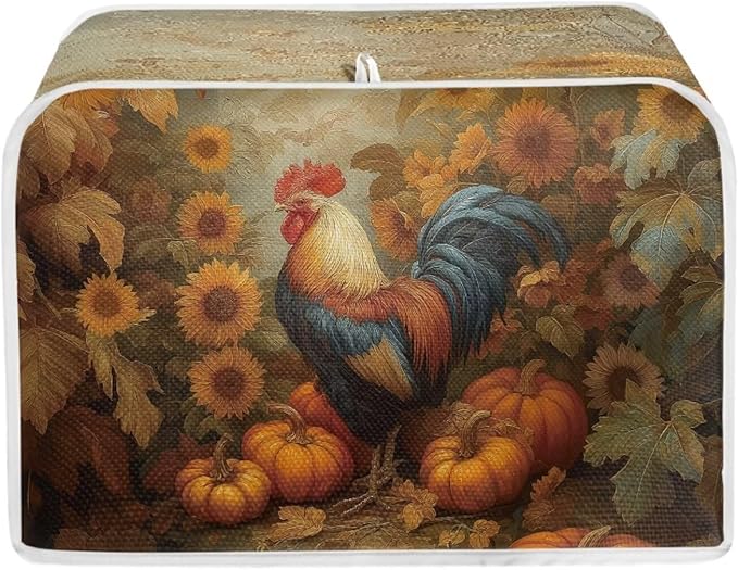 UNICEU Fall Toaster Cover 4 Slice Rooster Pumpkin Sunflower Print Stain Resistant Dust Proof Cover for Bread Maker Washable Kitchen Small Appliance Covers