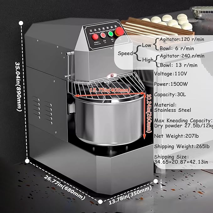 INTSUPERMAI Commercial Dough Mixer Machine Electric Food Mixer with Double Action Double Speed Spiral Mixing for Schools Bakeries Restaurants Pizzerias 110V 30L Capacity