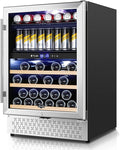 Tylza Wine and Beverage Refrigerator, 24 Inch Dual Zone Wine Fridge Built-in or Freestanding, Holds 100 Cans and 30 Bottles, Under Counter Wine Cellar with Double-Layer Glass Door, LED Light, Lock