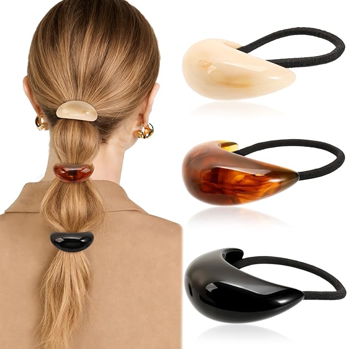 3PCS Hair Ties, Acrylic Hair Ties for Thick Hair, Elegant Durable Geometric Design Hair Cuffs, Hair Accessories Stretchy and Non-Damage Ponytail Holders 3 Style Holiday Gifts Marble Color