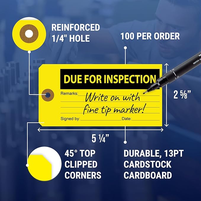 Tags 4 Less Production Quality Control Hang Tags – Equipment Preventative Maintenance Labels, for Easy Record-Keeping for Inventory Status (Due for Inspection, Pack of 100)