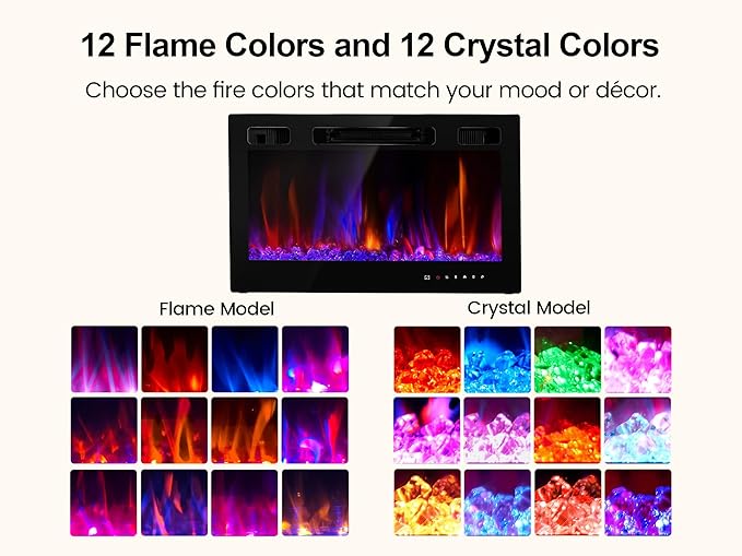 Electric Fireplace Insert 30" Realsmart 1500W Wall Mounted Fireplaces Recessed Heaters,Fit for 2 X 6 stub, Remote Control Slim Black Fireplace Touch Screen Timer 12 Flame Colors LED Decor Low Noise