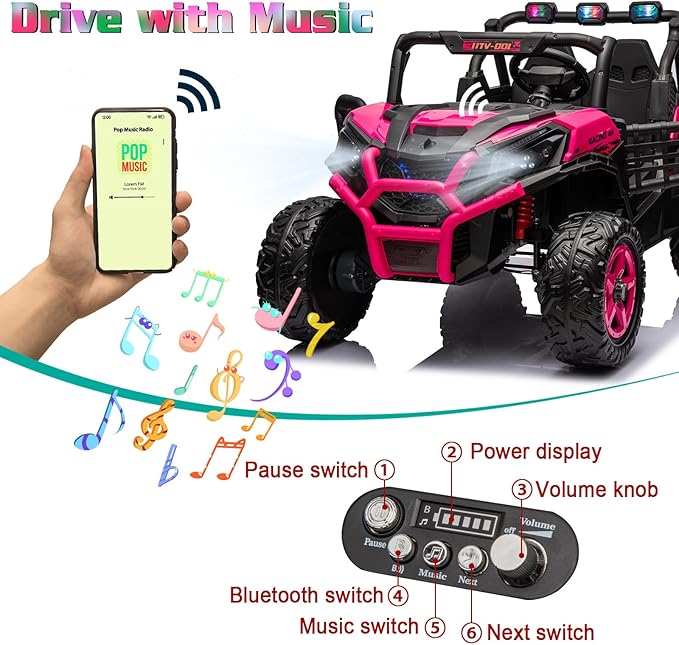 24V Ride On Car for Kids, 2 Seater Ride On UTV, Battery Powered Kids Electric Car with Remote Control, 4WD Side by Side Ride On Truck w/Bluetooth, Rose Pink