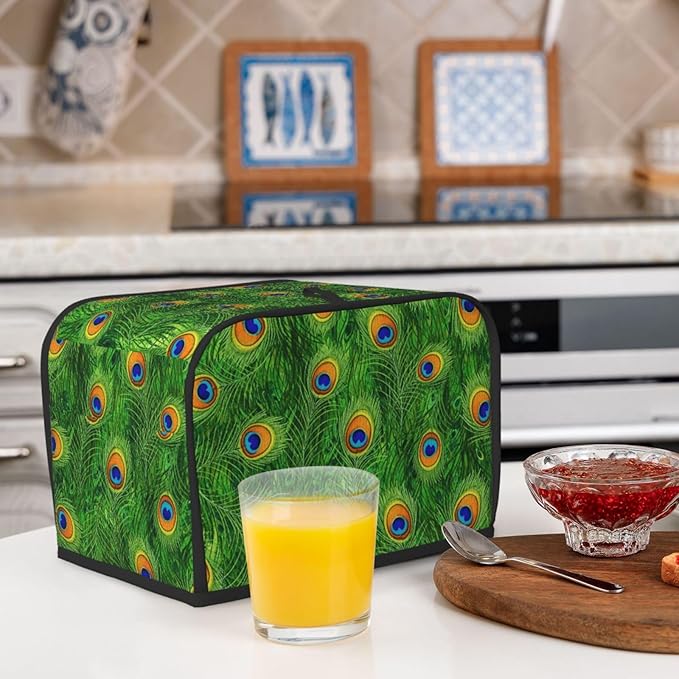 2 Slice Toaster Dust Cover Green Peacock Feathers, Small Kitchen Appliance Protector, Dust & Fingerprint Protection Washable Cover
