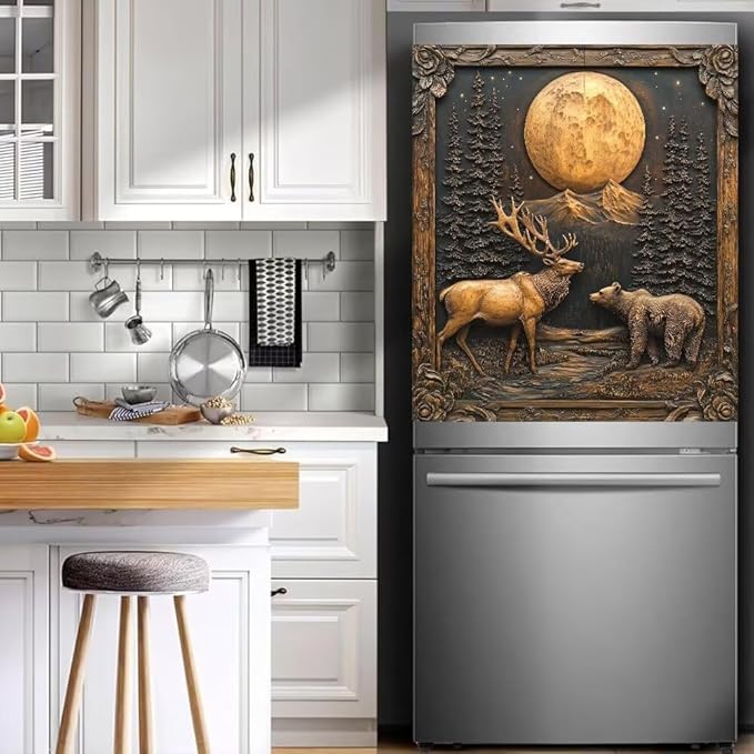 Elk Bear Moon Forest Scene Magnetic Dishwasher Cover Vinyl Sticker, Bronze Black Dishwasher Magnet Cover, Rustic Fridge Barn Door Cover Magnets Art Skin Panel Decal for Home Decor, 23"X26"
