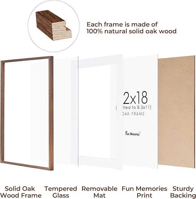 Fun Memories Solid Oak Wood Picture Frame 12"x18" for Wall - Tempered Real Glass, Matted to 8.5x11, Poster Frame (Walnut Color, 1 Pack)