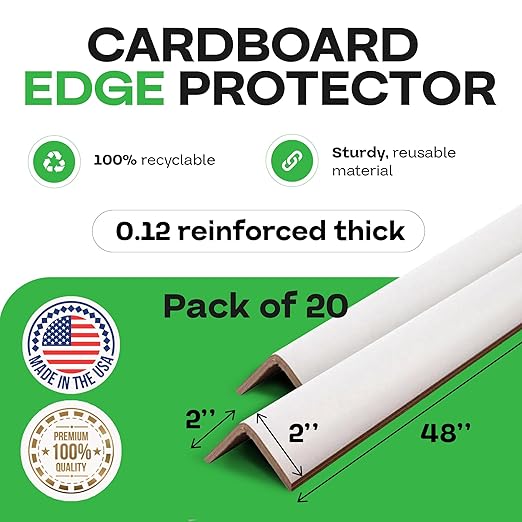 IDL Packaging 2” x 2” x 48” Cardboard Edge Protector (Pack of 20) - Corner Protectors for Shipping, Storage, & Moving – Reinforced Corner Guard Protection for Pallets, Wall Corners, & Furniture