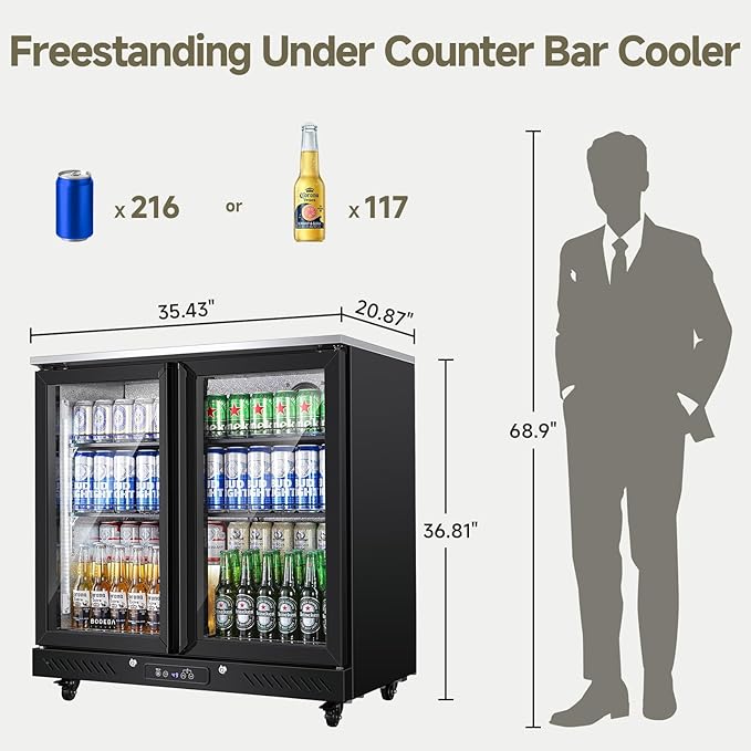 BODEGACOOLER Back Bar Cooler with 2 Glass Doors,7.7 Cu.ft Commercial Bar Beverage Refrigerator Under Counter LED Lighting for Soda Drinks,Beer,Wine with Stainless Steel Top,DOE Approved,4 Casters