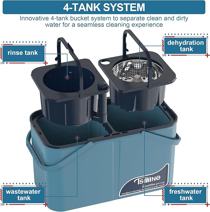 Spin Mop for Large Homes & Big Floor Cleaning, Clean & Dirty Water Separation Mop Bucket for Family & Pet Homes,4-Chamber System, Glide Wheels, Safe for Hardwood & Tile, Adjustable Handle, 6 Mop Heads