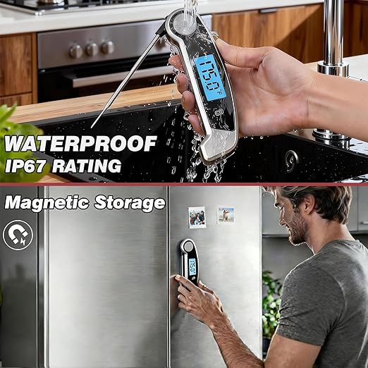 Meat Thermometer Digital Waterproof Instant Read Thermometer for Cooking Food Thermometer with Backlight & ±0.5℃ Precision Cooking Thermometer for Kitchen ℃/℉ Convertible Grey
