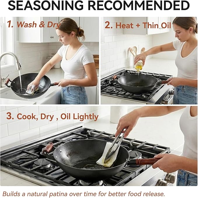 WANGYUANJI Cast Iron Wok Pan 13.4 Inch, Flat Bottom Chinese Stir Fry Wok with Wooden Lid & Handle, Textured Uncoated Large Wok Skillet for Induction Cooktop, Gas & Electric, Seasoning Recommended