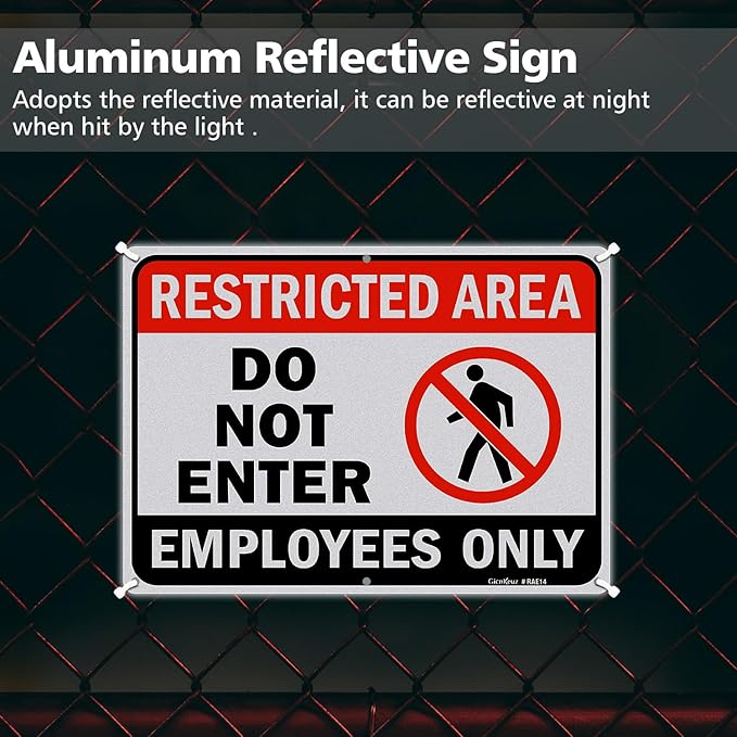 GicnKeuz Large Restricted Area Sign, 14x10 Inches Do Not Enter - Employees Only Signs, Rust Free.40 Reflective Aluminum, Fade Resistant/Waterproof, 6 Pre-drilled Holes (4 Pack)