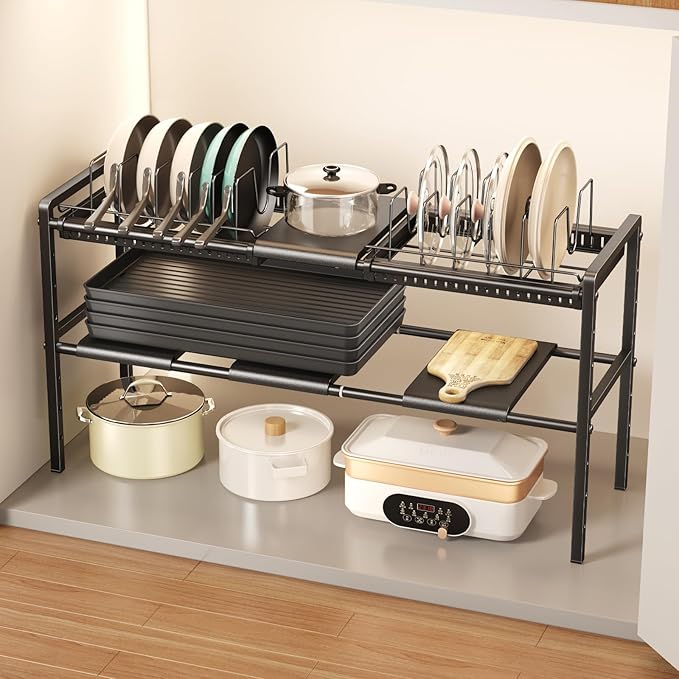Pots and Pans Organizer Under Cabinet, Expandable 2 Tier Under Sink Organizers and Storage Adjustable Height Kitchen Pot and Pan Lid Holder Rack with 12 Dividers Under Cabinet Shelf(Black)