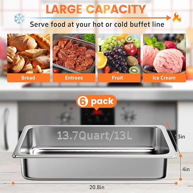 6 Pack Hotel Pans, 1/1 Full Size 4 Inch Deep Steam Table Pan, Stainless Steel Commercial Food Pan Anti Jam Steam Pan, Breading Trays for Hotel, Party, Buffet, Catering Supplies