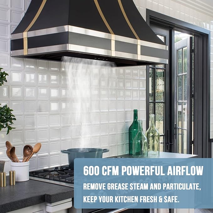 Akicon Range Hood Insert 30 Inch, Ultra Quiet, Powerful Suction Built-in Kitchen Vent Hood, Matte Black Stainless Steel Ducted Stove Hood with Dimmable LED Lights Warm White, 3-Speeds 600CFM