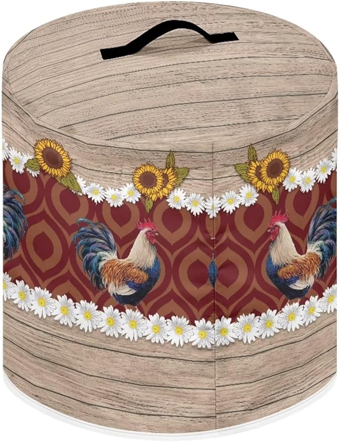 Air Fryer Cover Compatible with 8 Quart Instant Pot, Dust Protection Insulated Kitchen Appliance Cover with Top Handle and Storage Pockets for Gift, Daisy Rooster Wood Grain