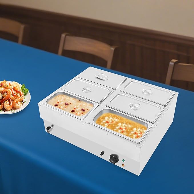 Commercial Food Warmer, 6 Pan Bain Marie Buffet Food Warmer, 42.5Qt Electric Buffet Steam Table, 1500W Stainless Steel Countertop Soup Station with Drain Tap for Catering Party and Restaurant