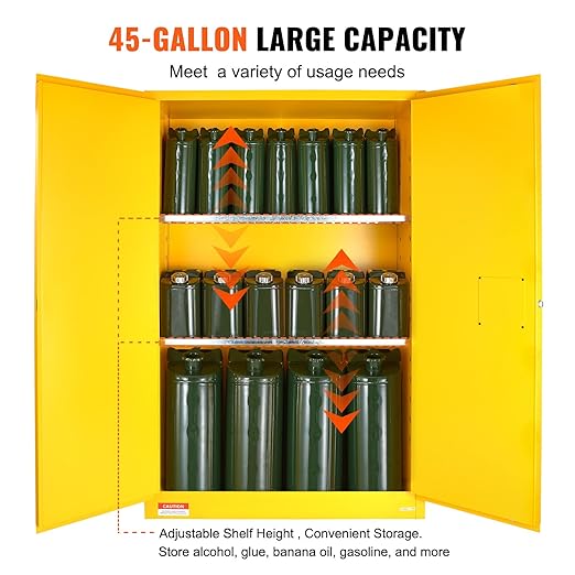 VEVOR Flammable Cabinet 18" x 43" x 65", Cold-Rolled Steel Flammable Liquid Storage Cabinet, 45 Gal in Explosion Proof with 2 Adjustable Shelves 2 Manual Doors for Industrial Use, Yellow