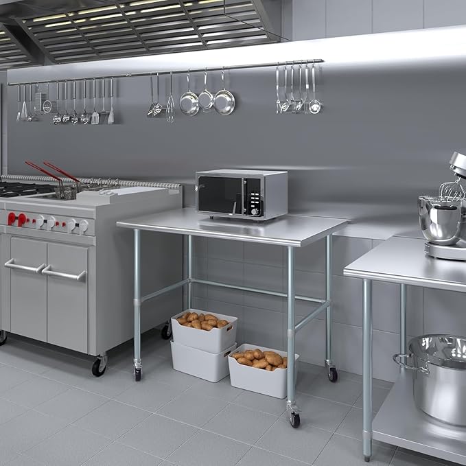 Mobile Metal Utility Prep Table | Heavy-Duty Commercial Work Station | NSF Certified (Stainless Steel Work Table Open Base + Casters) (48" Long x 24" Deep)
