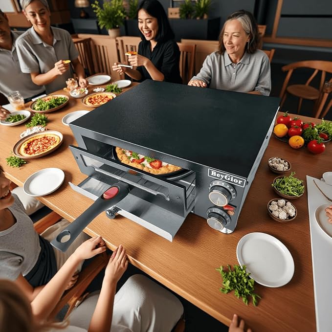 Electric Pizza Oven Indoor, Countertop Pizza Oven with Two 12 inch Baking Trays, Oven Mitts,Commercial Pizza Maker for Home, Stainless Steel Pizza Cooker with Visual Window, Removable Handle