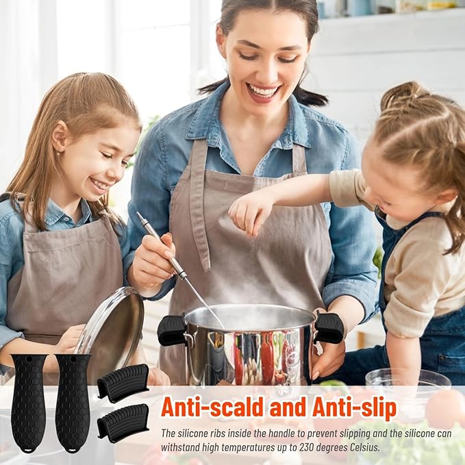 4 Pack Silicone Hot Handle Holder Cover Cast Iron Handle Cover Silicone Pot Holders Heat Resistant Assist Pan Handle Sleeve Non-Slip Pot Handle Covers for Cast Iron Skillet Metal Pan(Black)
