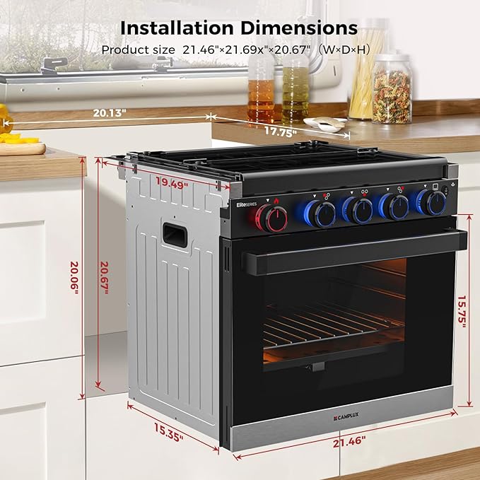 CAMPLUX Elite 21-Inch RV Stove Oven Combo with Flame Failure Protection, 1.8 Cu.ft RV Propane Oven with 3 Burners Cooktop, 28,100 BTU, Slide-In RV Range Oven for Camper, Trailer, Black
