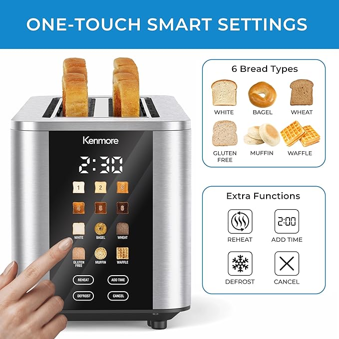 Kenmore 4-Slice Digital Touchscreen Toaster - 900W Stainless Steel, Wide Slots 6 Shade Settings, Bread Presets, Countdown Timer, Reheat & Defrost Functions Compact Countertop Design tostadora digital