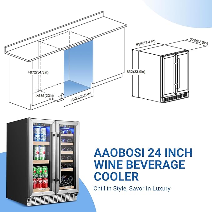 AAOBOSI Upgraded 88 Cans Dual Zone Wine and Beverage Cooler,Built-in and Freestanding,Removable Fashion Wooden Frame,Intelligent Digital Temperatrue Control,Low Noise,Dual Zone 24 Inch 19 Bottles