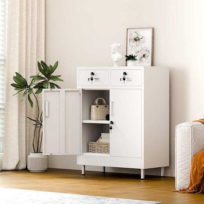 Metal Storage Cabinet with Locking Doors and 2 Drawers, Lockable Storage Cabinet with Adjustable Shelf for Home Office Garage Entryway Pantry (White)
