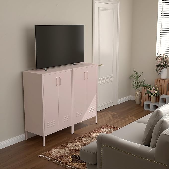 Storage Cabinet,2 Doors Locker Cabinet with Legs,Entryway Cabinet with Adjustable Shelves,Metal Locker Storage Cabinets for Office,Classroom,Bedroom,Pink