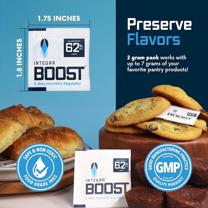 Integra Boost 2-Way Humidity Control Pack – Patented Technology for Humidity Control – Preserve Flavor & Maintain 62% RH – Moisture Absorber for Herbs, Spices & More – 2 Gram (Pack of 50)