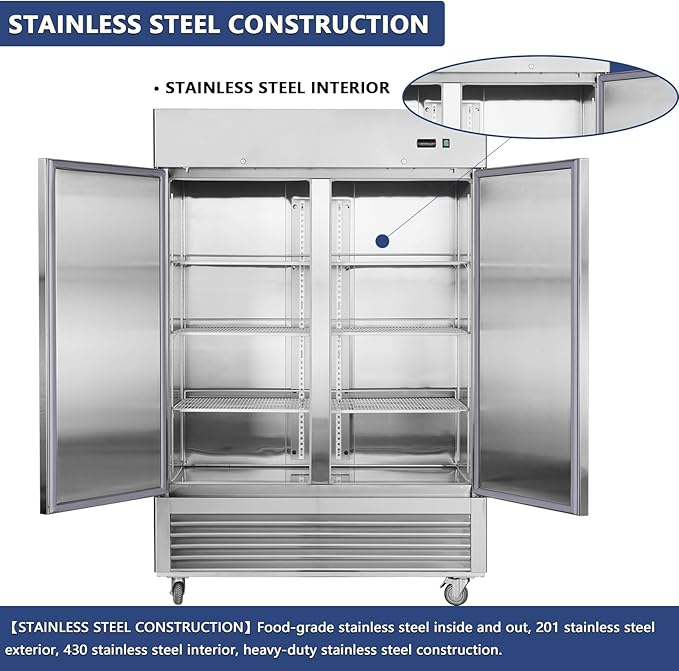 54" Commercial Freezer Upright with 2 Solid Door, 42 Cu.Ft Reach-in Freezer, Stainless Steel Construction, -8℉ ~ -2℉, Fan Cooling Freezer, ETL and DOE