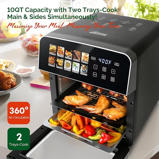 10QT Air Fryer Toaster Oven Combo with 10 Presets, Family Size Compact Oven for Roasting Whole Chicken/Double Cooking, Stainless Steel Interior, Easy Clean, Includes 2 Accessories & Recipe