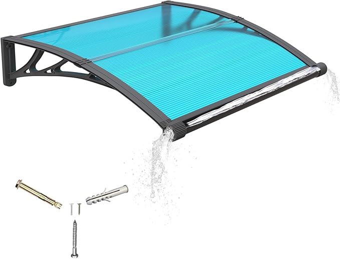 Awning for Door Entrance with Drainage Sink,32x48 Inch Awnings for Doors,Window Canopy Exterior with Plastic Steel Bracket,Polycarbonate Cover,UV,Rain,Snow Protection for House,Porch,Patio,Deck