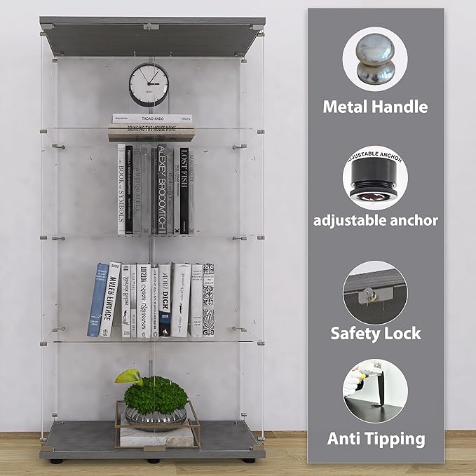 64.5" H 4-Shelf Glass Display Cabinet with Double Door,Modern Curio Cabinet Collection Display Case,Floor Standing Bookshelf Glass Display Case with Lock for Living Room Bedroom (Black)