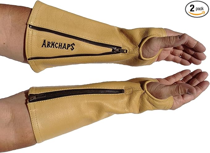Arm Chaps Leather Protective Sleeves Arm Guard - Prevent Cuts, Scratches & Bruises - Genuine Cowhide - Ideal for Gardening & Construction - Left & Right Form-Fitting. Tan (1 Pair/Medium).