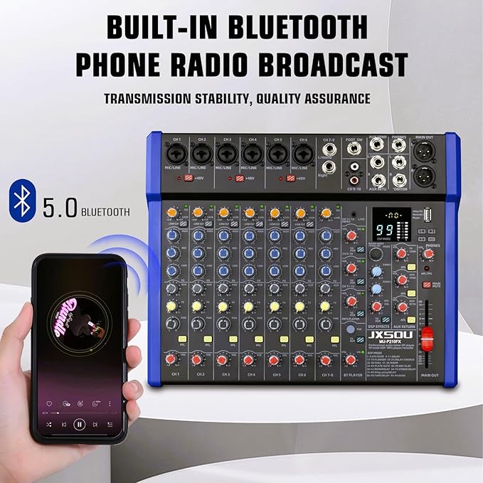 12-Channel Audio Interface Mixer Board, Bluetooth Studio Mixing Console XLR Microphone Jack 99 DSP DJ Mixer Audio Reverb Effect +48V Phantom Mixer For Karaoke Studio Streaming Recording