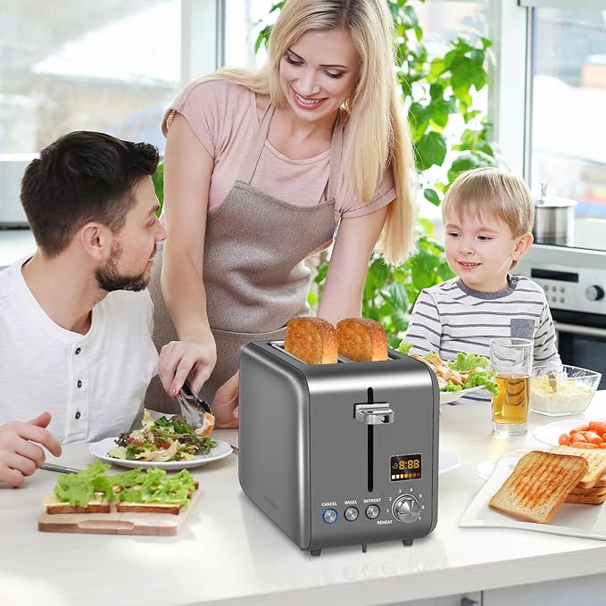 SEEDEEM Toaster 2 Slice, Stainless Steel Bread Toaster LCD Display, 7 Shade Setting, 1.4'' Wide Slots, Bagel/Defrost/Reheat Functions, Removable Crumb Tray, 900W, Dark Metallic