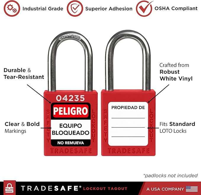 TRADESAFE Lockout Tagout Locks Label, Lock Out Tag Out Padlock Labels in English, Spanish, French, Danger Locked Out, Do Not Remove Loto Locks Stickers